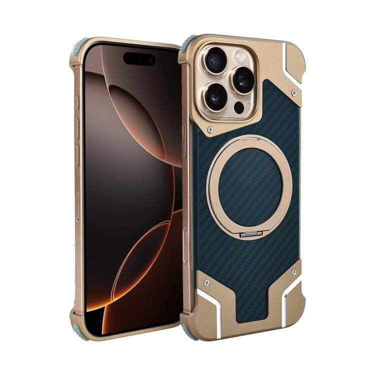 Etui do iPhone 16 Pro Magsafe Carbon Spinal Shield, anitshock, metalowe z podstawką, tytan pustynny (1)