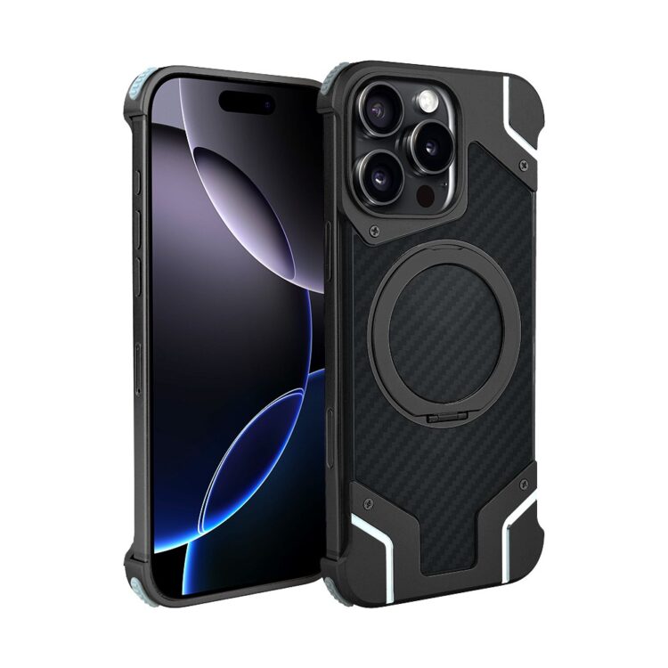 Etui do iPhone 16 Pro Max MagSafe Carbon Spinal Shield, anti shock, metalowe z podstawką, czarne (1)