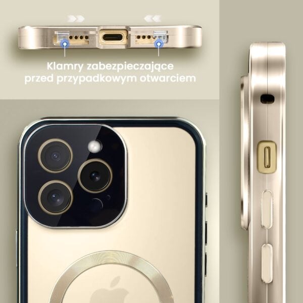 Obudowa do iPhone 14 Pro Max podwójna szyba i aluminium 360° przód + tył magnetyczna, matowy tył, z MagSafe i osłoną aparatu, złote (1)