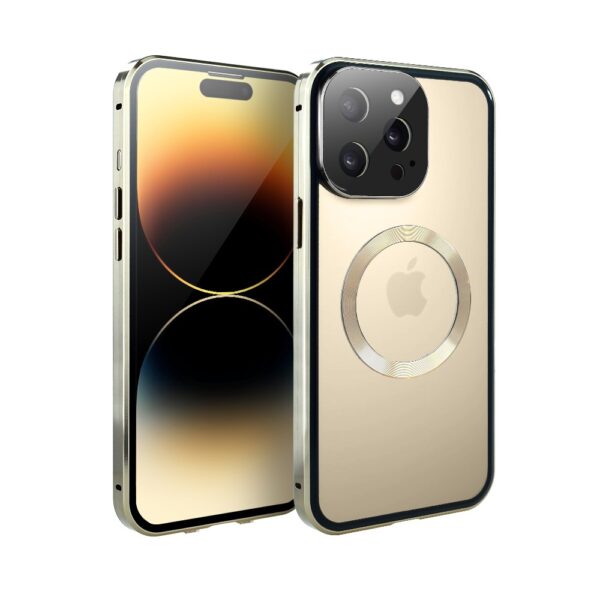 Obudowa do iPhone 14 Pro Max podwójna szyba i aluminium 360° przód + tył magnetyczna, matowy tył, z MagSafe i osłoną aparatu, złote (5)