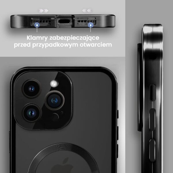 Obudowa do iPhone 14 Pro podwójna szyba i aluminium 360° przód + tył magnetyczna, matowy tył, z MagSafe i osłoną aparatu, czarne (1)