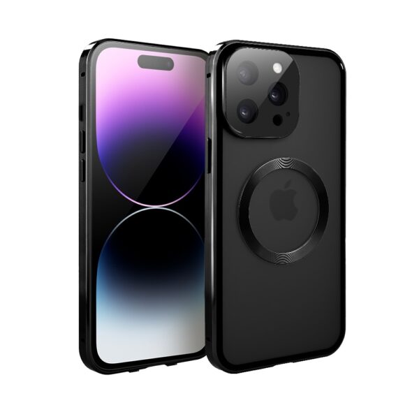 Obudowa do iPhone 14 Pro podwójna szyba i aluminium 360° przód + tył magnetyczna, matowy tył, z MagSafe i osłoną aparatu, czarne (5)