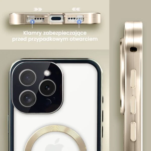 Obudowa do iPhone 15 Pro Max podwójna szyba i aluminium 360° przód + tył magnetyczna, matowy tył, z MagSafe i osłoną aparatu, złote (1)