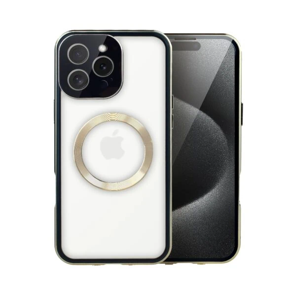 Obudowa do iPhone 15 Pro Max podwójna szyba i aluminium 360° przód + tył magnetyczna, matowy tył, z MagSafe i osłoną aparatu, złote (3)