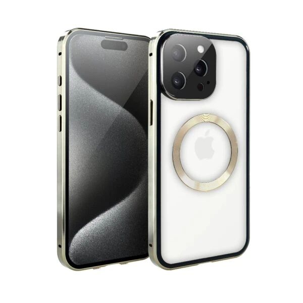 Obudowa do iPhone 15 Pro Max podwójna szyba i aluminium 360° przód + tył magnetyczna, matowy tył, z MagSafe i osłoną aparatu, złote (5)