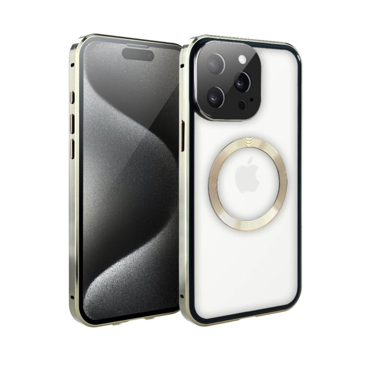 Obudowa do iPhone 15 Pro Max podwójna szyba i aluminium 360° przód + tył magnetyczna, matowy tył, z MagSafe i osłoną aparatu, złote (5)