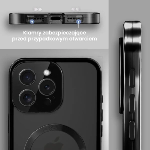 Obudowa do iPhone 15 Pro podwójna szyba i aluminium 360° przód + tył magnetyczna, matowy tył, z MagSafe i osłoną aparatu, czarne (1)