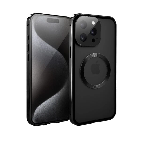 Obudowa do iPhone 15 Pro podwójna szyba i aluminium 360° przód + tył magnetyczna, matowy tył, z MagSafe i osłoną aparatu, czarne (5)