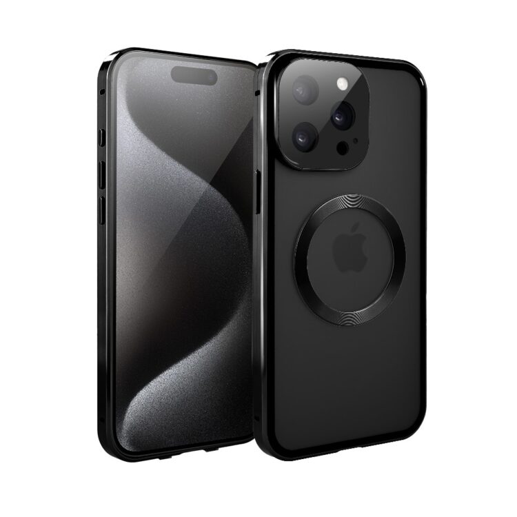 Obudowa do iPhone 15 Pro podwójna szyba i aluminium 360° przód + tył magnetyczna, matowy tył, z MagSafe i osłoną aparatu, czarne (5)