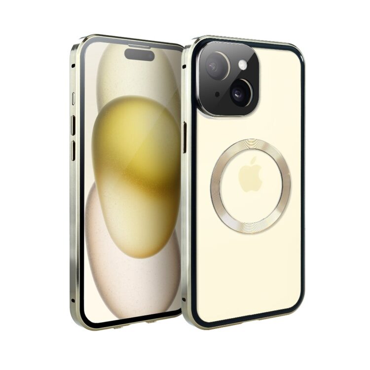 Obudowa do iPhone 15 podwójna szyba i aluminium 360° przód + tył magnetyczna, matowy tył, z MagSafe i osłoną aparatu, złote (5)