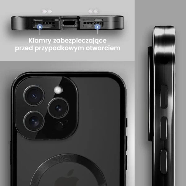 Obudowa do iPhone 16 Pro podwójna szyba i aluminium 360° przód + tył magnetyczna, matowy tył, z MagSafe i osłoną aparatu, czarne (1)