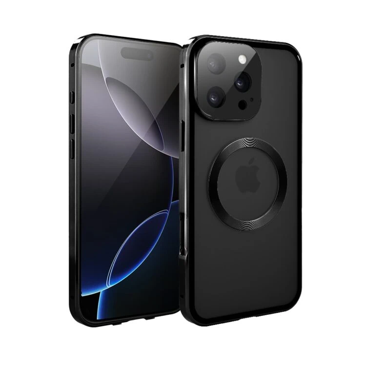 Obudowa do iPhone 16 Pro podwójna szyba i aluminium 360° przód + tył magnetyczna, matowy tył, z MagSafe i osłoną aparatu, czarne (5)