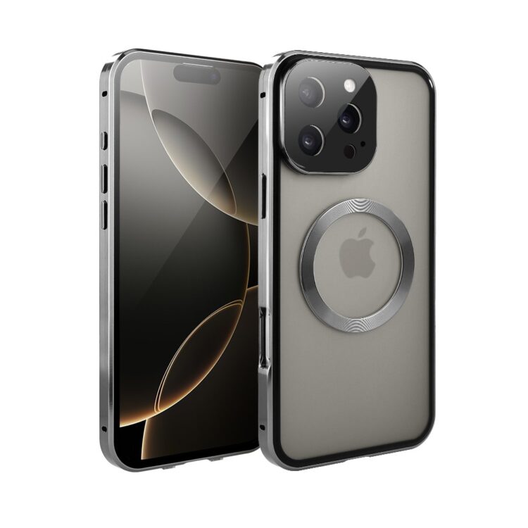 Obudowa do iPhone 16 Pro podwójna szyba i aluminium 360° przód + tył magnetyczna, matowy tył, z MagSafe i osłoną aparatu, szare (5)