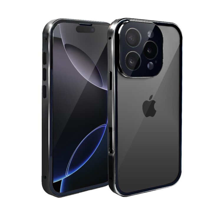 Obudowa do iPhone 16 Pro podwójna szyba i aluminium 360° przód + tył magnetyczna, z osłoną aparatu, czarne (3)