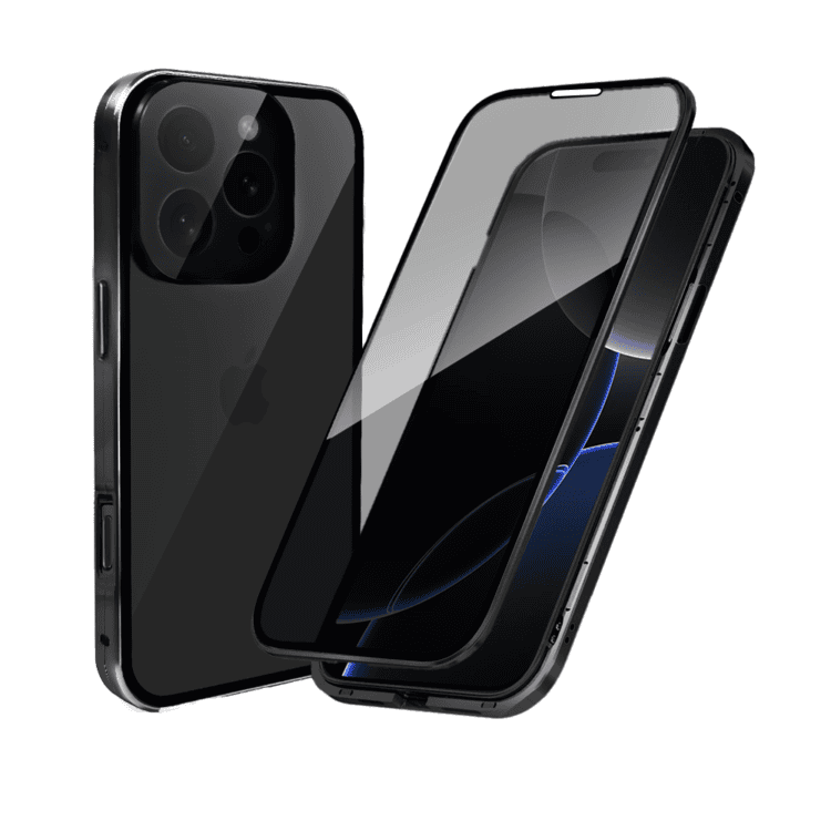 Obudowa do iPhone 16 Pro, podwójna szyba i aluminium 360° przód + tył magnetyczna, z osłoną aparatu i szkłem prywatyzującym, czarna (5)
