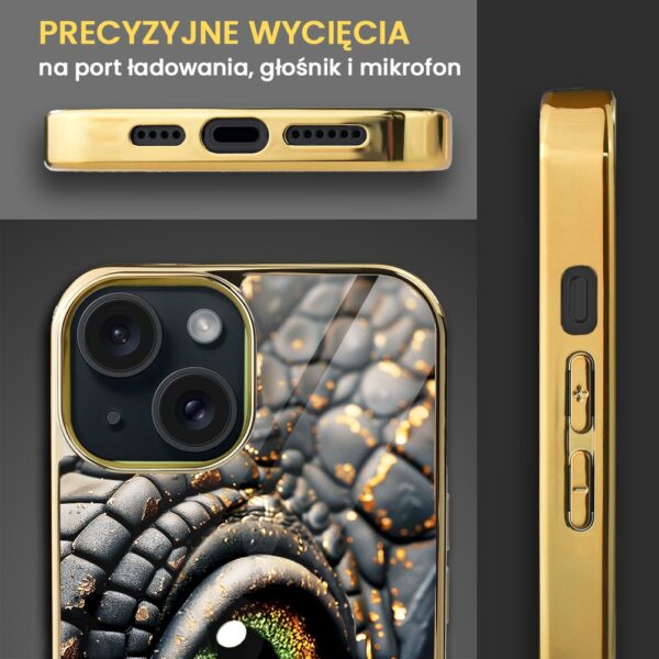 Etui do iPhone 13, Elite Glass, szklany tył, amber dragon, czarny chrom (3)