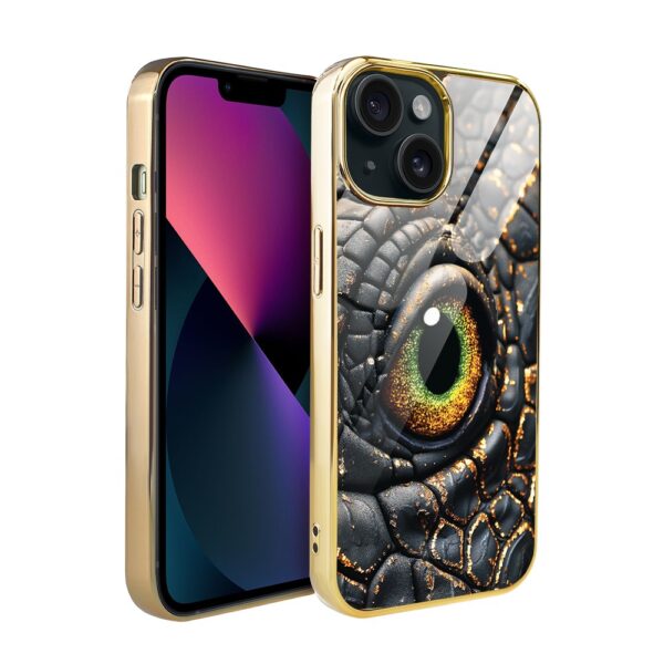 Etui do iPhone 13, Elite Glass, szklany tył, amber dragon, czarny chrom (5)