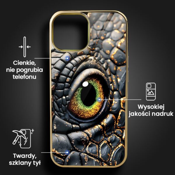 Etui do iPhone 13, Elite Glass, szklany tył, amber dragon, czarny chrom (6)