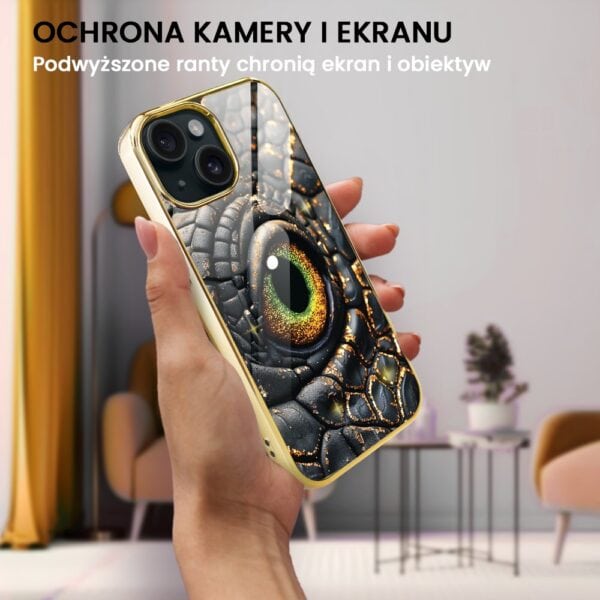 Etui do iPhone 14, Elite Glass, szklany tył, amber dragon, złote (5)