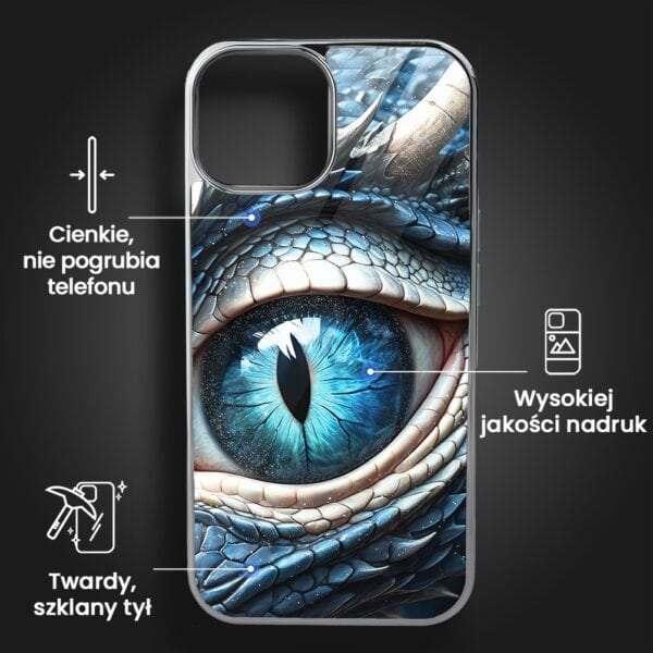 Etui do iPhone 14, Elite Glass, szklany tył, oko lodowego smoka, srebrne (2)