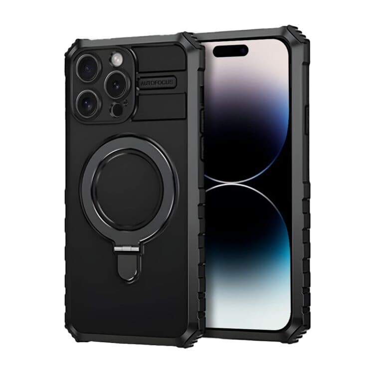Etui do iPhone 14 Pro, pancerne, z osłoną aparatu i metalową podstawką MagSafe, czarne (2)