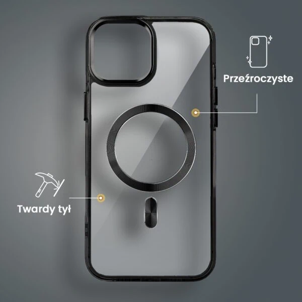 Etui do iPhone 14 Super Hybrid z MagSafe, twardy tył, metalowe ozdoby, czarne (1)