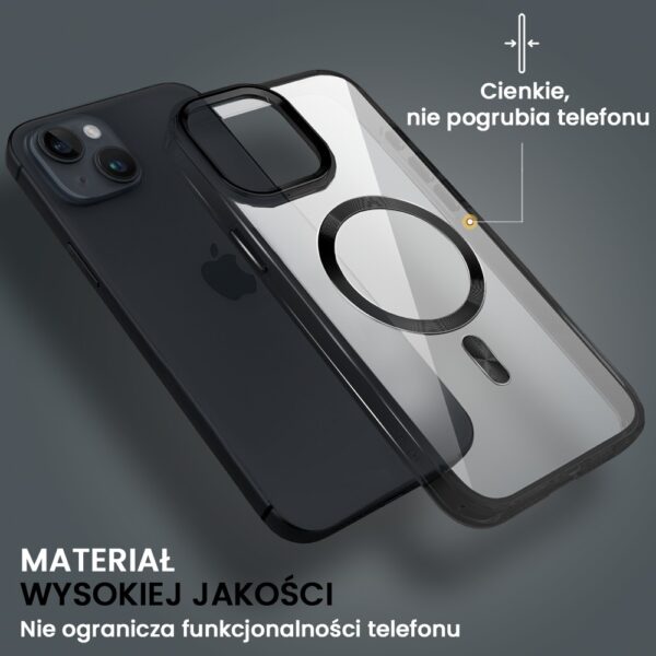 Etui do iPhone 14 Super Hybrid z MagSafe, twardy tył, metalowe ozdoby, czarne (3)