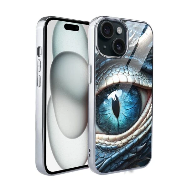Etui do iPhone 15, Elite Glass, szklany tył, oko lodowego smoka, srebrne (1)