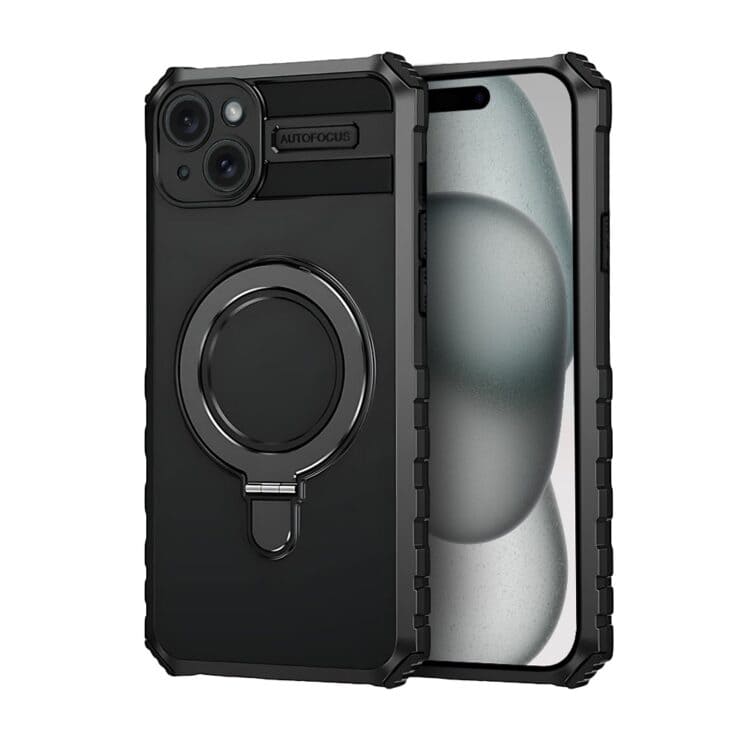 Etui do iPhone 15 Plus, pancerne, z osłoną aparatu i metalową podstawką MagSafe, czarne (2)