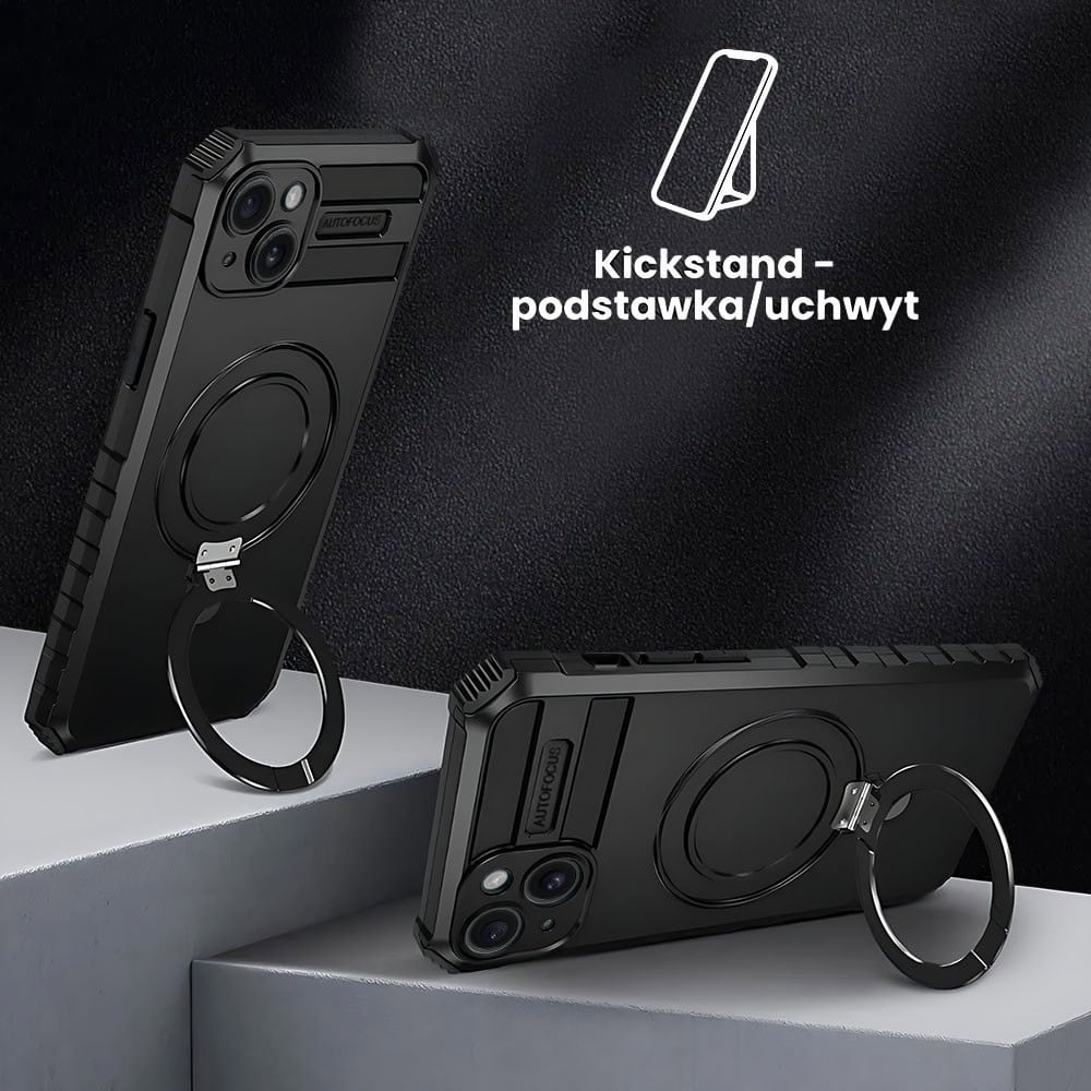 Etui do iPhone 15 Plus, pancerne, z osłoną aparatu i metalową podstawką MagSafe, czarne (3)