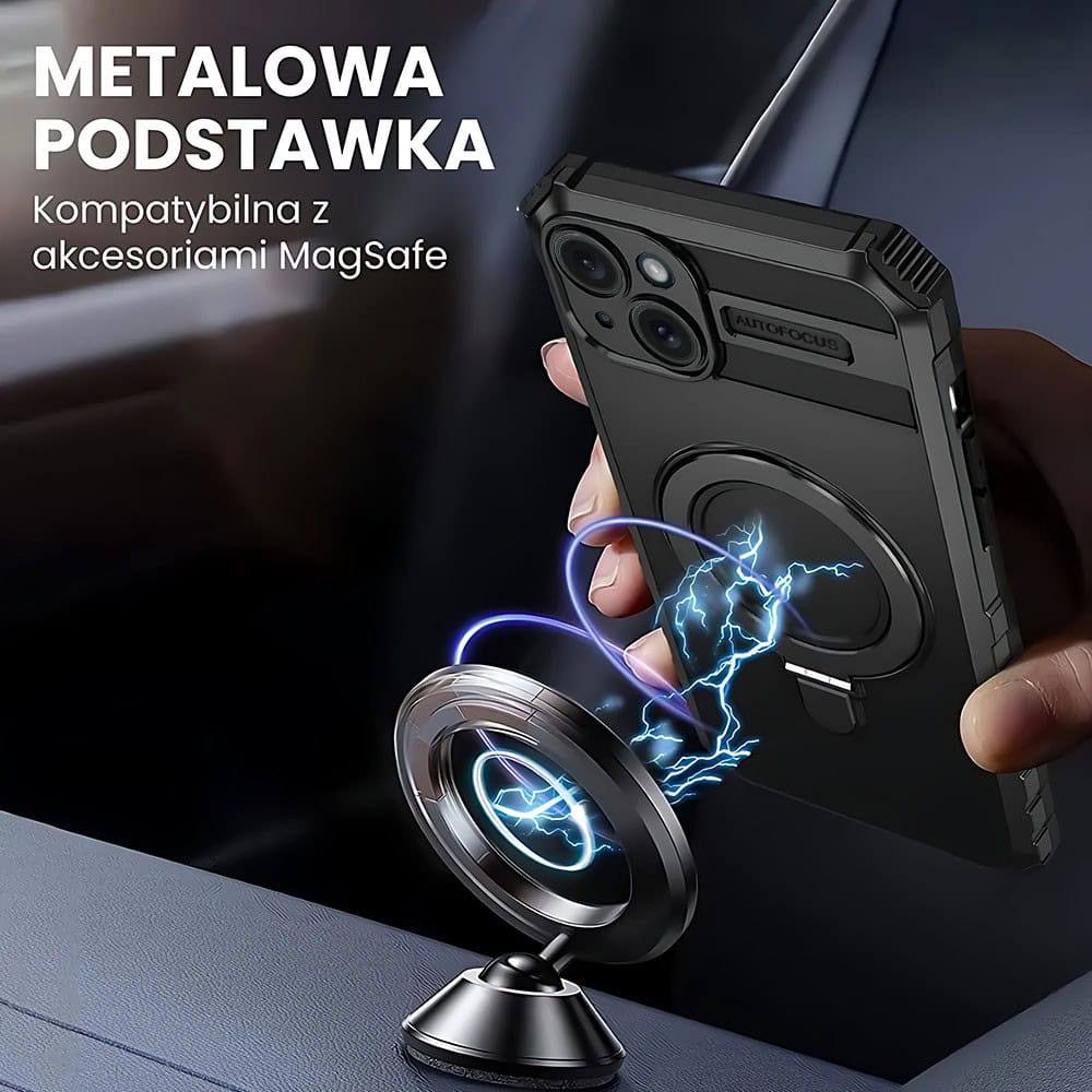 Etui do iPhone 15 Plus, pancerne, z osłoną aparatu i metalową podstawką MagSafe, czarne (4)