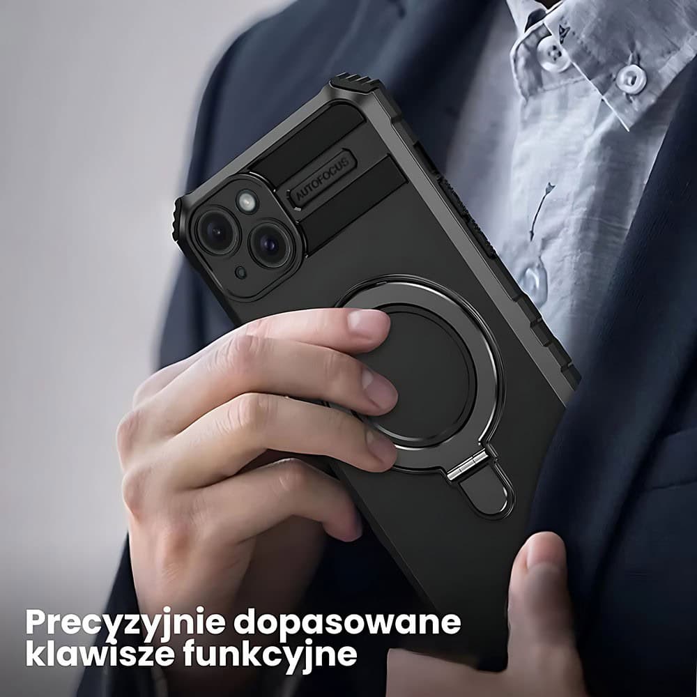 Etui do iPhone 15 Plus, pancerne, z osłoną aparatu i metalową podstawką MagSafe, czarne (5)