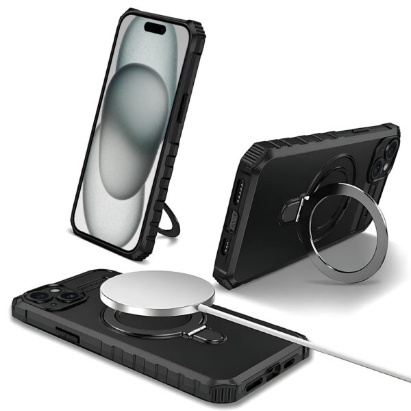 Etui do iPhone 15 Plus, pancerne, z osłoną aparatu i metalową podstawką MagSafe, czarne (6)