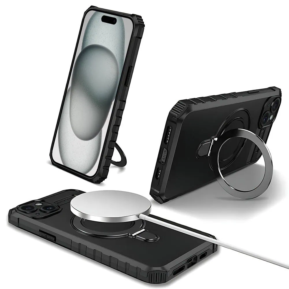 Etui do iPhone 15 Plus, pancerne, z osłoną aparatu i metalową podstawką MagSafe, czarne (6)