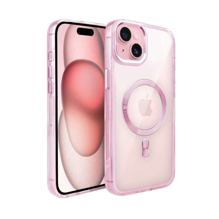 Etui do iPhone 15 Super Hybrid z MagSafe, twardy tył, metalowe ozdoby, różowe (7)