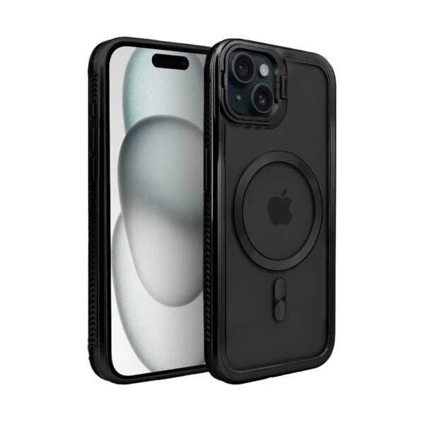 Etui do iPhone 15 solidne, pogrubione boki, wbudowana podstawka, twardy tył z MagSafe, czarne (2)