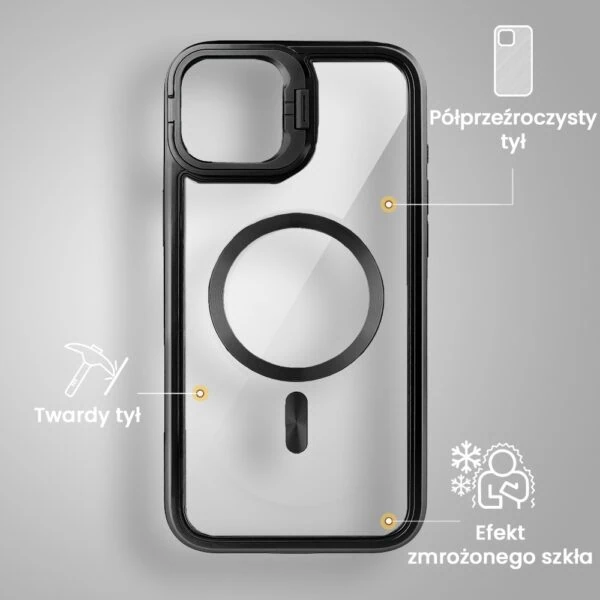 Etui do iPhone 15 solidne, pogrubione boki, wbudowana podstawka, twardy tył z MagSafe, czarne (4)