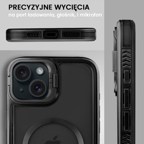 Etui do iPhone 15 solidne, pogrubione boki, wbudowana podstawka, twardy tył z MagSafe, czarne (8)