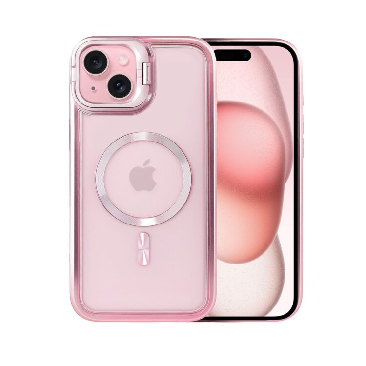 Etui do iPhone 15 solidne, pogrubione boki, wbudowana podstawka, twardy tył z MagSafe, różowe (8)