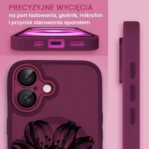 Etui do iPhone 16 Color Flush z Magsafe, z osłoną aparatu, z nadrukiem czarny kwiat, wiśniowe (1)