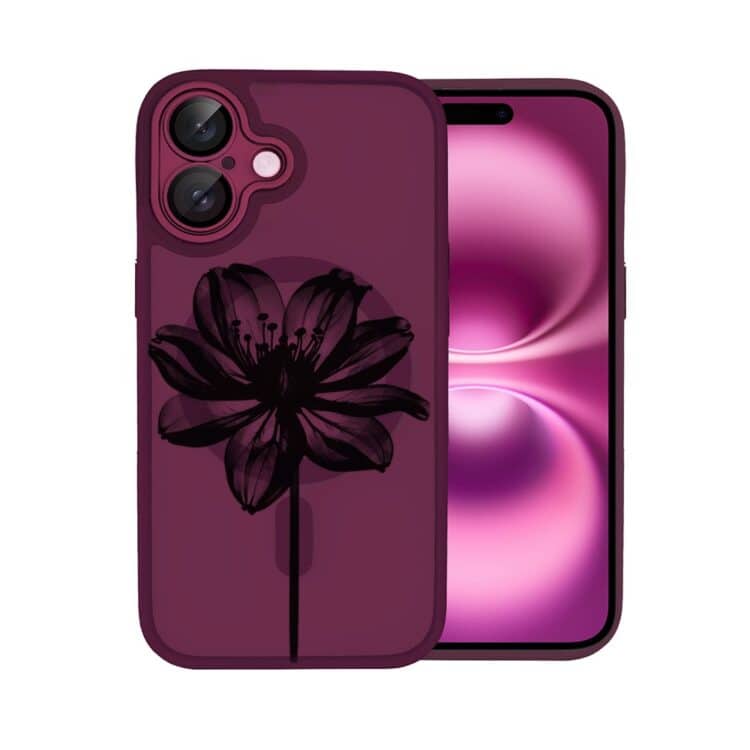 Etui do iPhone 16 Color Flush z Magsafe, z osłoną aparatu, z nadrukiem czarny kwiat, wiśniowe (2)