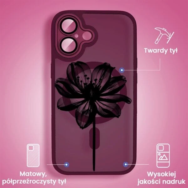 Etui do iPhone 16 Color Flush z Magsafe, z osłoną aparatu, z nadrukiem czarny kwiat, wiśniowe (3)