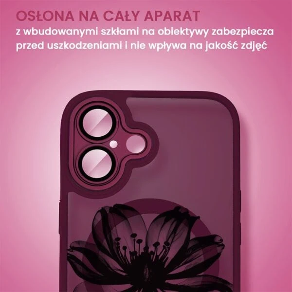 Etui do iPhone 16 Color Flush z Magsafe, z osłoną aparatu, z nadrukiem czarny kwiat, wiśniowe (6)