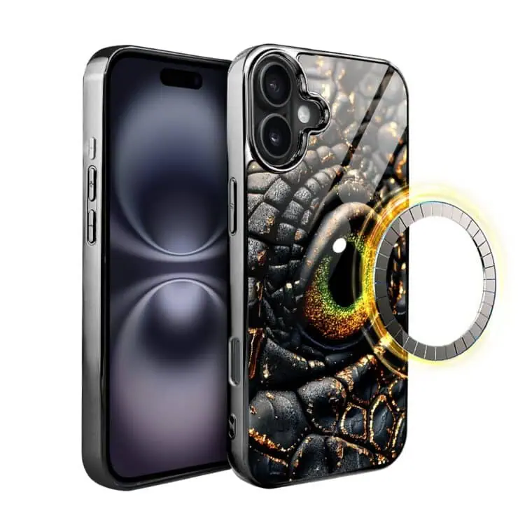 Etui do iPhone 16, Elite Glass, szklany tył, amber dragon, czarny chrom (2)