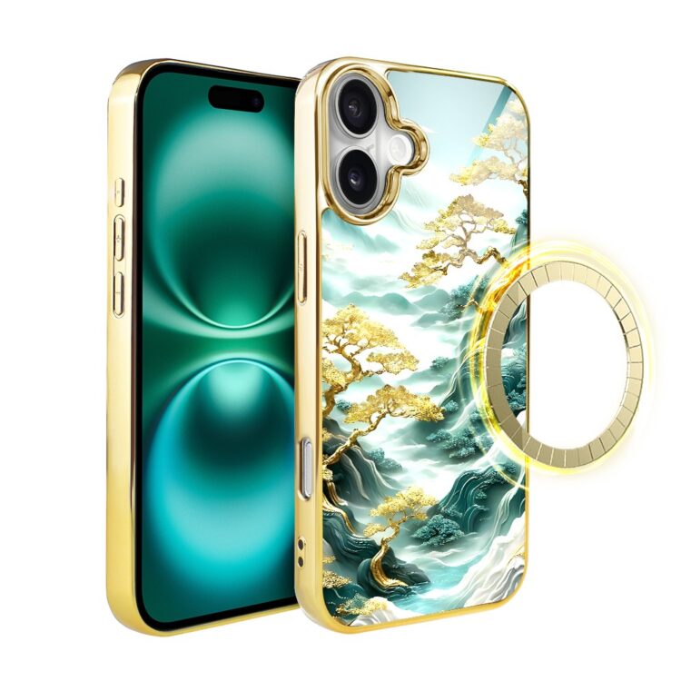 Etui do iPhone 16, Elite Glass, szklany tył, bonsai, złote (1)