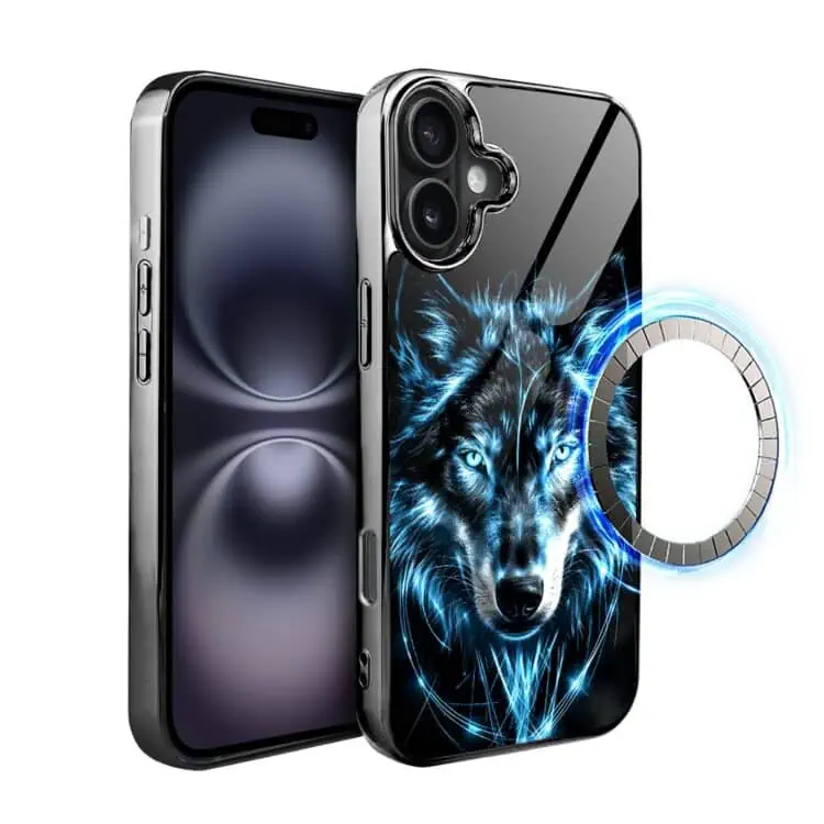 Etui do iPhone 16, Elite Glass, szklany tył, lodowy wilk, czarny chrom (8)