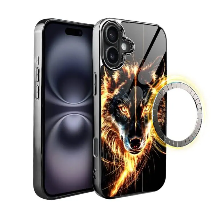 Etui do iPhone 16, Elite Glass, szklany tył, ognisty wilk, czarny chrom (2)