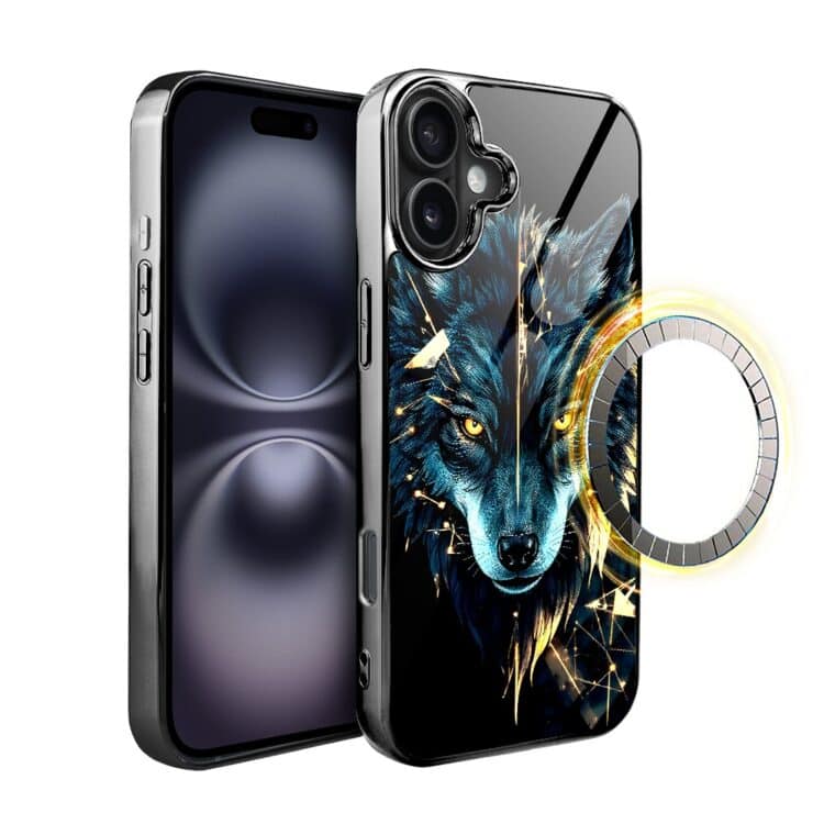 Etui do iPhone 16, Elite Glass, szklany tył, wilk mocy, czarny chrom (2)