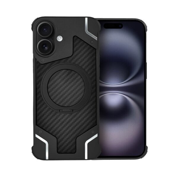 Etui do iPhone 16 MagSafe Carbon Spinal Shield, anti shock, metalowe z podstawką, czarne (3)