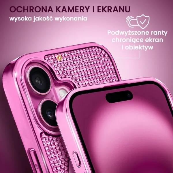 Etui do iPhone 16 Magsafe Tresury Case, diamentowe, z błyszczącą ramką, różowe (3)